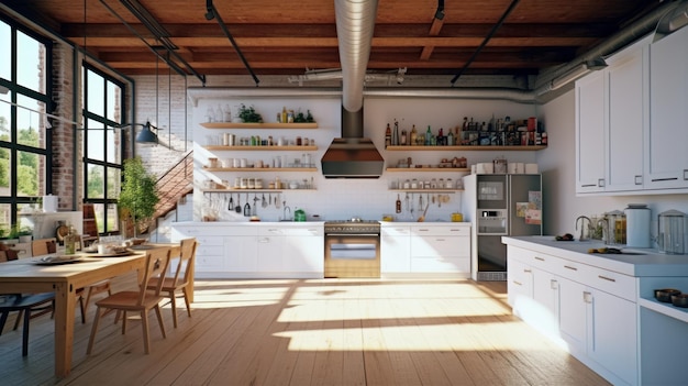 Cuisine spacieuse de style loft avec coin repas façades blanches étagères ouvertes grande table en bois ki moderne