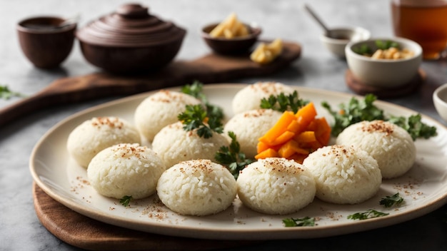 Photo la cuisine sud-indienne montre la simplicité et l'élégance de l'idlis avec une photo professionnelle capturant le doux