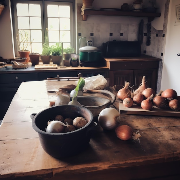 Une cuisine avec une table en bois et un bol d'oignons dessus.