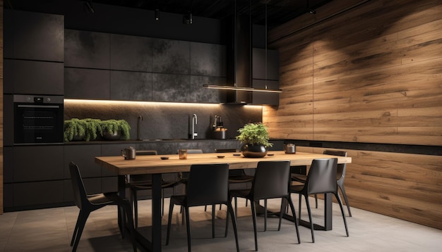 Une cuisine avec une table en bois et des chaises noires