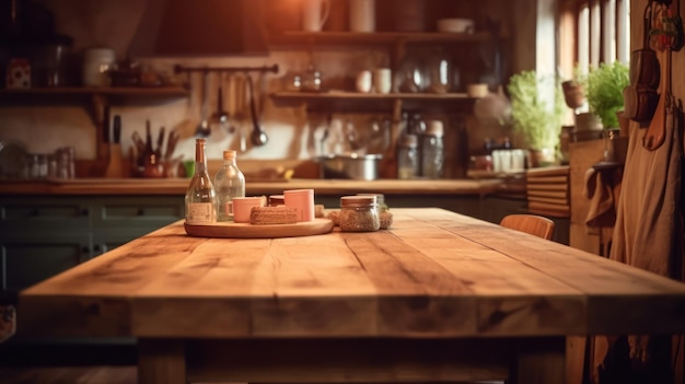 Une cuisine avec une table en bois et une étagère avec une plante en pot dessus