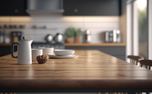 Une cuisine avec une table en bois. fond de cuisine moderne. intérieur de la chambre. ai généré