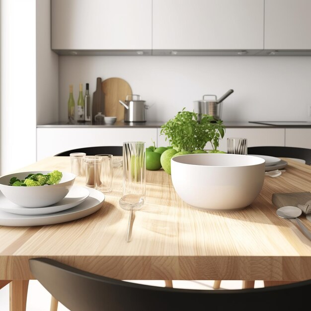 Photo une cuisine avec une table et un bol de légumes dessus