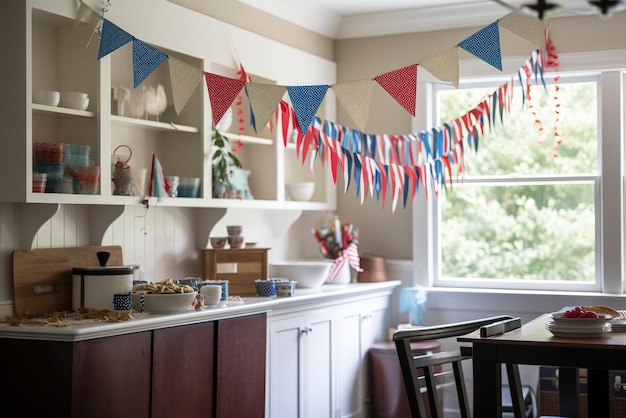 Une cuisine avec une table et des chaises avec des drapeaux suspendus au plafond