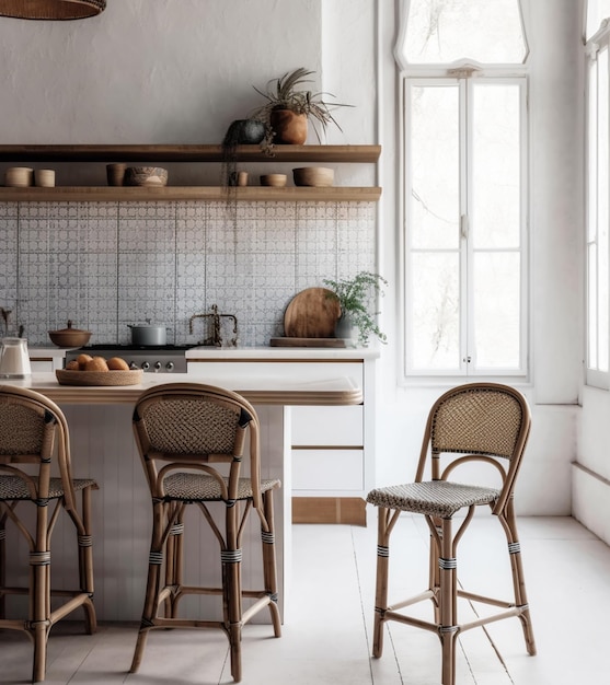 Une cuisine avec une table et des chaises et une étagère avec des casseroles et des poêles dessus.