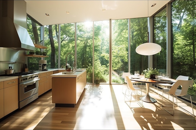 Photo une cuisine avec une table et des chaises et une grande fenêtre qui dit 