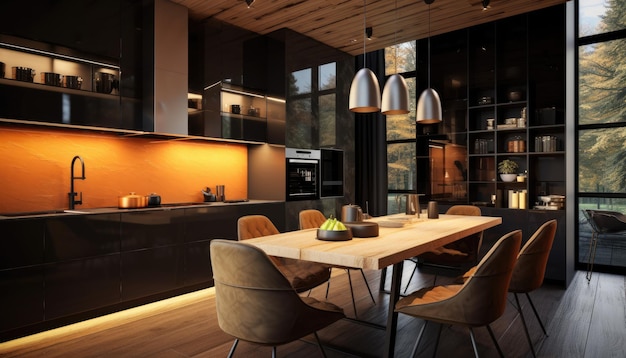 Une cuisine avec une table et des chaises et un mur avec une lumière