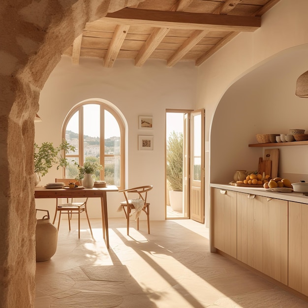 Une cuisine avec une table et des chaises et un mur qui dit "ne touchez pas".