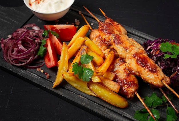 Cuisine traditionnelle arabe Shish tawk avec pommes de terre et salade de chou rouge maison