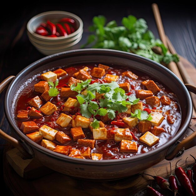 Cuisine traditionnelle chinoise Mapo Tofu avec persil et piment de coriandre sur fond de bois foncé