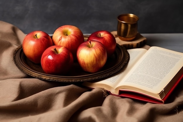 Cuisine traditionnelle du nouvel an juif, fête de tradition ou de religion Rosh hashanah avec espace de copie