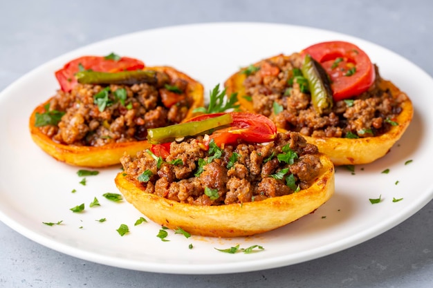 Cuisine traditionnelle turque plat de pommes de terre au four avec de la viande hachée Nom turc Patates karniyarik