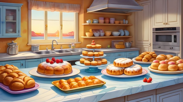 une cuisine avec une variété de pâtisseries, y compris des beignets et une casserole de beignets