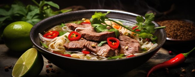 Cuisine vietnamienne et asiatique Pho Bo soupe traditionnelle avec du bœuf sur fond sombre Close up Generative ai