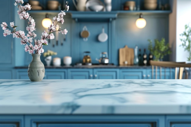 Cuisine vintage bleue avec une île en marbre et des meubles élégants