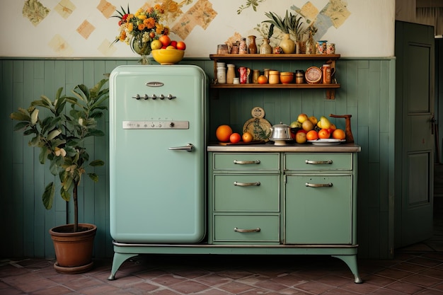 Cuisine vintage avec carrelage coloré et réfrigérateur rétro génératif IA