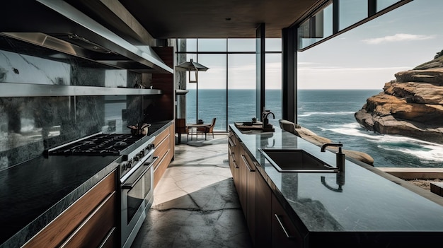 Une cuisine avec vue sur l'océan.