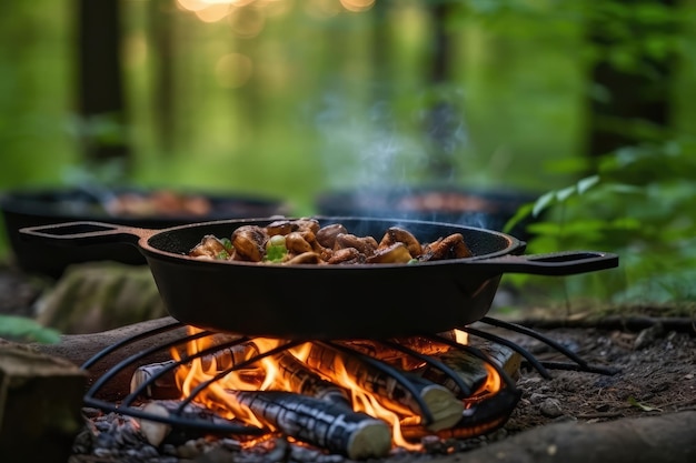 cuisiner à l'aide d'un feu de camp sur la forêt photographie professionnelle générée par l'IA