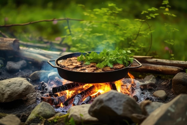 cuisiner à l'aide d'un feu de camp sur la nature photographie professionnelle générée par l'IA