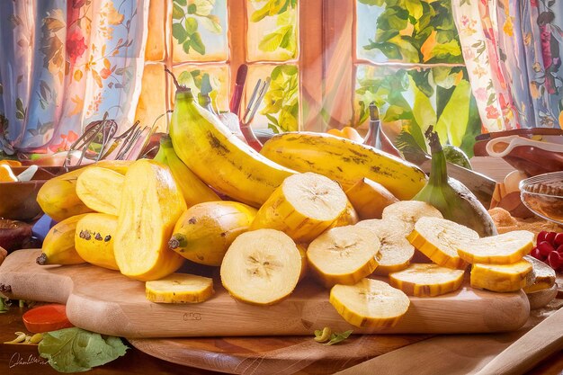 Cuisiner avec des bananes coupées en tranches sur une planche à couper