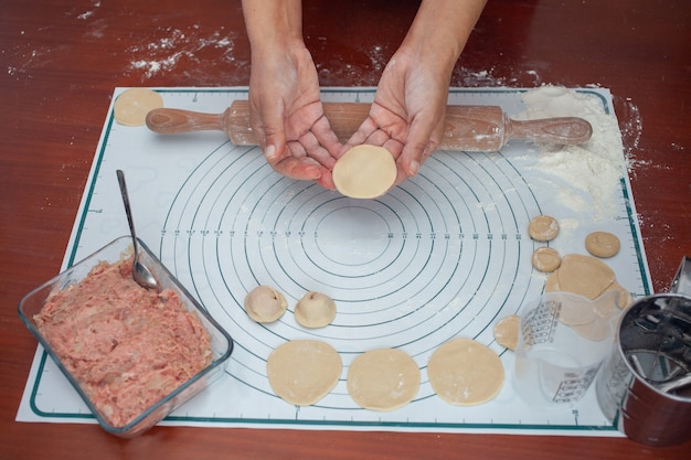 Cuisiner des boulettes maison. Raviolis à la viande hachée.