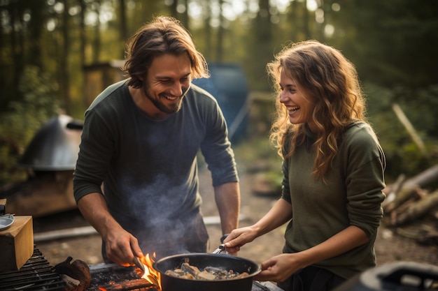 cuisiner en camping et plaisanter ensemble