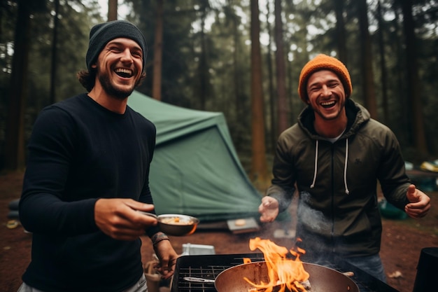 cuisiner en camping et plaisanter ensemble