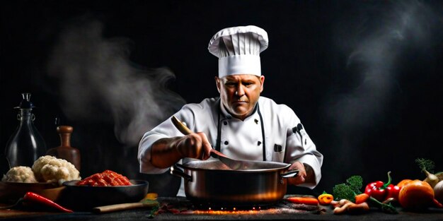 cuisiner de la nourriture chaude chef dans un chapeau de chef et un couteau à la vapeur