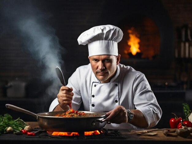 Cuisiner des plats chauds chef dans un chapeau de chef et un couteau à la vapeur