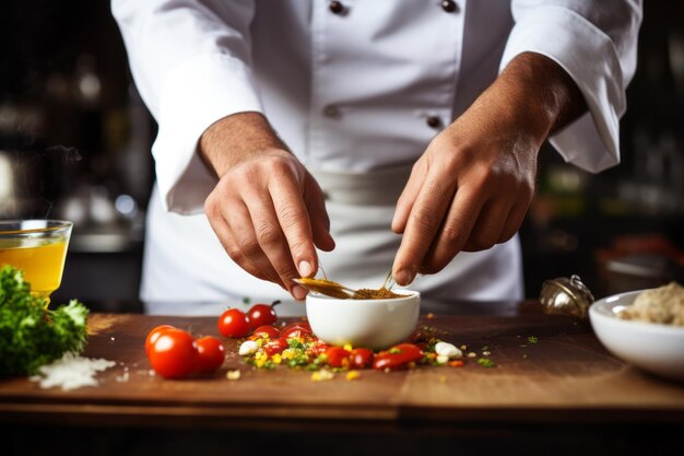 Cuisiner en tablier en ajoutant de la sauce au plat