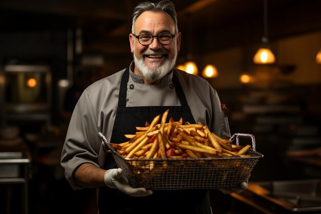 Cuisiner en tenant un panier de friteur métallique avec des frites AI