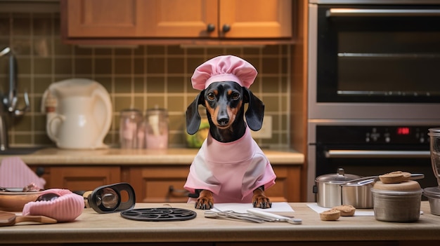 Un cuisinier de dachshund noir et brun portant un chapeau de chef blanc et une robe et un nœud papillon rose dans la cuisine