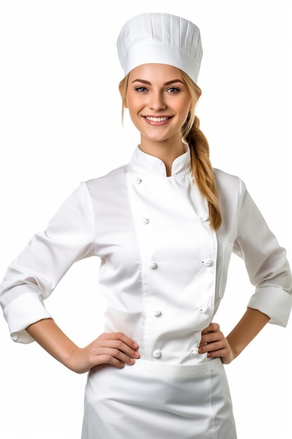 Cuisinier femme sourire photo très détaillée au-dessus de la taille fond blanc