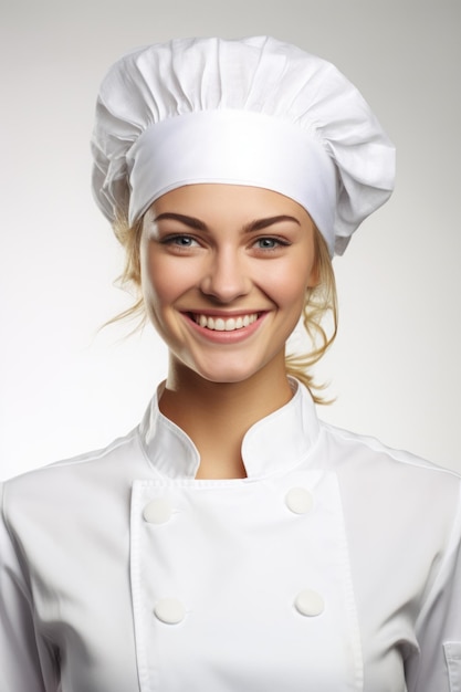 Cuisinier femme sourire photo très détaillée au-dessus de la taille fond blanc