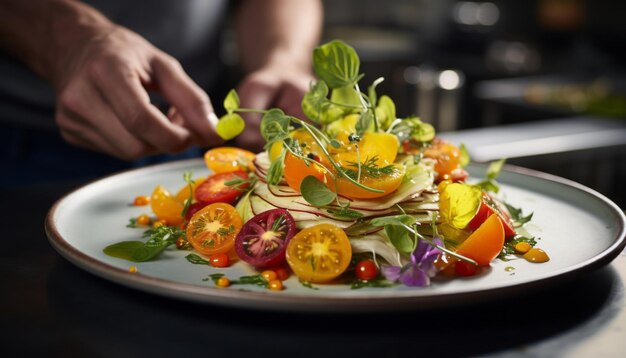 Un cuisinier habile organise et garne habilement un délicieux repas dans un restaurant moderne.