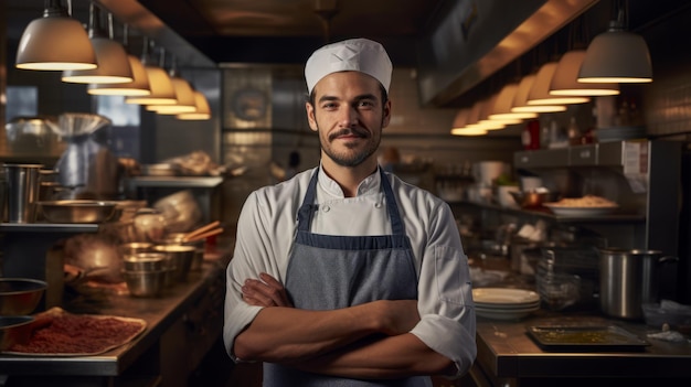 Un cuisinier habile en vêtements blancs est dans la cuisine.