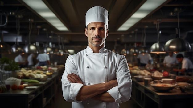 Un cuisinier habile en vêtements blancs est dans la cuisine.