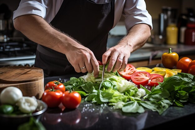 Un cuisinier à la maison découpe finement de la laitue fraîche sur un comptoir de cuisine entouré de légumes colorés