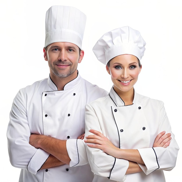 cuisinier masculin et féminin plein corps vue frontale isolée sur un fond blanc