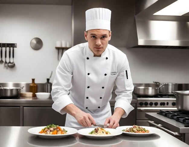 Photo un cuisinier prépare de la nourriture dans une cuisine avec un poêle et une poêle