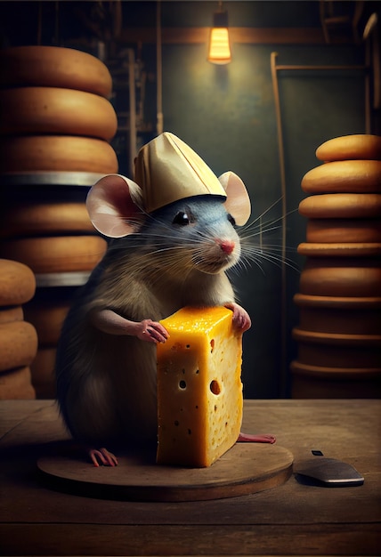 Cuisinier de souris de bande dessinée dans un entrepôt au milieu du fromage