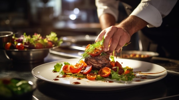 cuisinier en train de préparer des plats dans la cuisine d'un restaurant