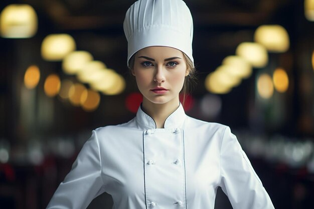 Photo une cuisinière avec un chapeau et un chopeau de cuisinier