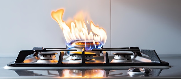 Photo cuisinière à gaz blanche avec feu