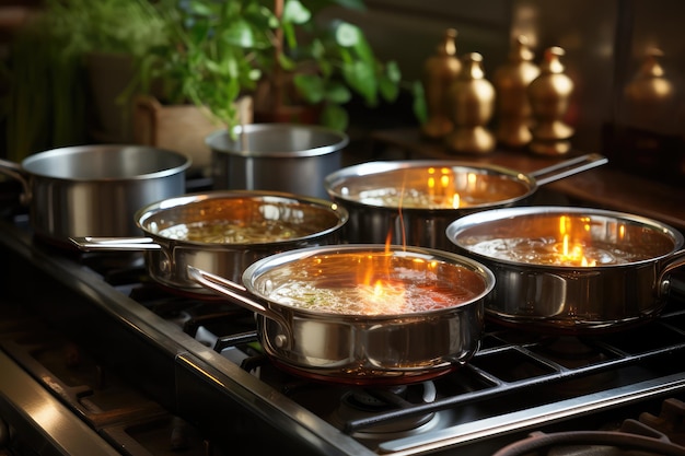 Photo cuisinière à gaz dans des casseroles métalliques dans la table de cuisine photographie publicitaire professionnelle