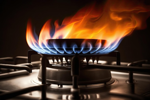 Une cuisinière à gaz avec une flamme sortant du brûleur Generative AI