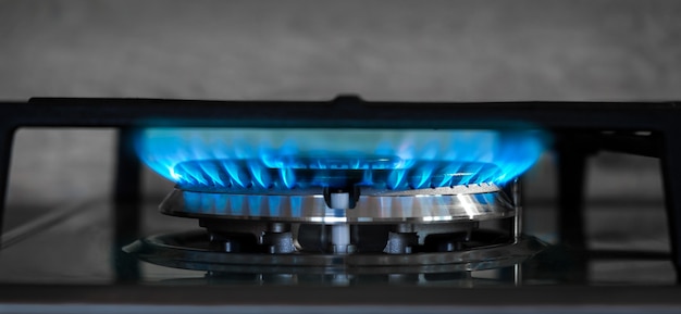 Photo cuisinière à gaz méthane avec flammes brûlantes de gaz propane brûleur de cuisine flamboyant dans l'obscurité