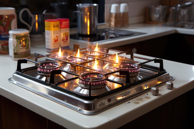 cuisinière à gaz sur la table de la cuisine photographie publicitaire professionnelle