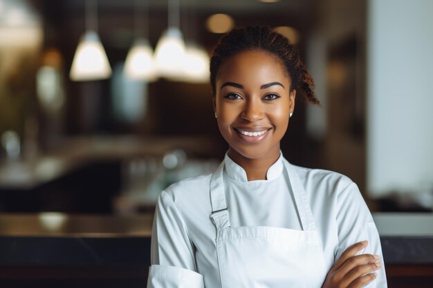 Une cuisinière noire heureuse habillée professionnellement dans un environnement de cuisine