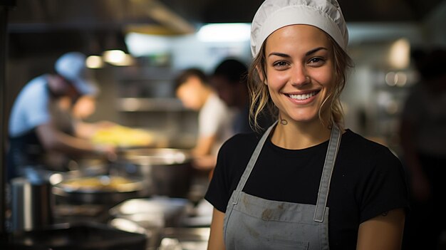 une cuisinière portant un tablier sourit dans la salle de cuisine créée par la technologie d'IA générative